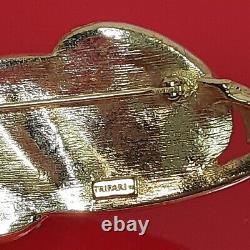 Vintage Trifari Gold Tone Black Enamel w Rhinestones Modern Bar Brooch Pin
