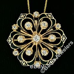 Vintage Victorian Revival 14k Gold. 90ct Diamond Black Enamel Pendant Pin Brooch
