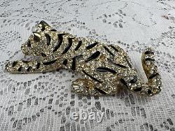 Vintage White Tiger Black Stripes Sardi Enamel Brooch With Bling Faux Diamonds