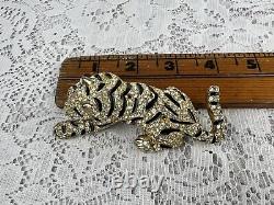 Vintage White Tiger Black Stripes Sardi Enamel Brooch With Bling Faux Diamonds