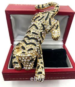 Vntg Unique Lrg Tiger Figural Black Enamel Gold Clr Paved Crystal Brooch Perfect