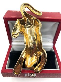 Vntg Unique Lrg Tiger Figural Black Enamel Gold Clr Paved Crystal Brooch Perfect