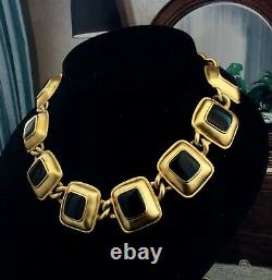 Vtg Anne Klein Black Enamel Squares Chunky Necklace Designer Gold Tone Choker