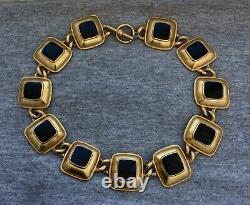 Vtg Anne Klein Black Enamel Squares Chunky Necklace Designer Gold Tone Choker