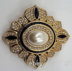 Vtg Christian Dior Gold Plated Black Enamel, Pearl & Rhinestone Brooch / Pendant