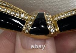 Vtg Christian Dior Gold Tone Black Enamel Rhinestone Brooch Pin Ribbon Swag