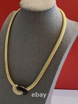 Vtg -Christian Dior Mesh Knot Necklace Gold Tone Pave Rhinestone Black Enamel