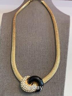 Vtg -Christian Dior Mesh Knot Necklace Gold Tone Pave Rhinestone Black Enamel