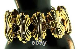 Vtg Couture FENDI Wide Logo Black Enamel Gold Plated Panel Link BRACELET