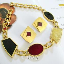 Vtg Runway MONET Edgy Modernist Deco Enamel Red Black Gold Necklace Earrings