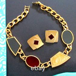 Vtg Runway MONET Edgy Modernist Deco Enamel Red Black Gold Necklace Earrings