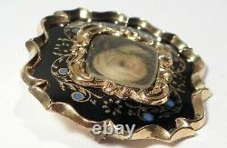 WOW! ANTIQUE GEORGIAN LARGE BLUE & BLACK ENAMEL Woven Hair GOLD Mourning Brooch