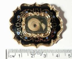 WOW! ANTIQUE GEORGIAN LARGE BLUE & BLACK ENAMEL Woven Hair GOLD Mourning Brooch