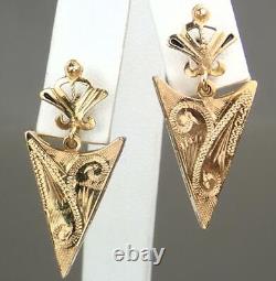 Wow Antique Victorian 14K Gold Black Enamel Arrow Head Floral Dangling Earrings