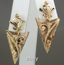 Wow Antique Victorian 14K Gold Black Enamel Arrow Head Floral Dangling Earrings
