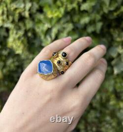 Y S L Saint Laurent Arty ring with blue enamel and black cabochons size 6
