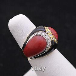 Yellow Gold Ring 18KT Bright 0.21 CT Enamel Black And Coral + Certified