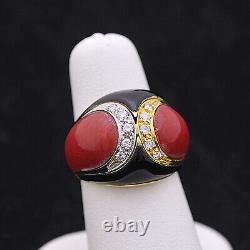 Yellow Gold Ring 18KT Bright 0.21 CT Enamel Black And Coral + Certified