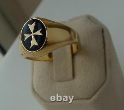 Yellow gold signet ring oval large hollowed malta cross black enamel all size