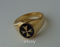 Yellow gold signet ring oval large solid malta cross black enamel all size