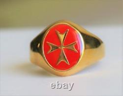 Yellow gold signet ring oval large solid malta cross black enamel all size
