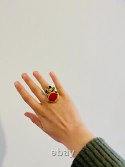 Yves Saint Laurent YSL Arty Cabochon Red Black Dots Chunky Statement Ring 5 Gold