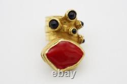 Yves Saint Laurent YSL Arty Cabochon Red Black Dots Chunky Statement Ring 5 Gold