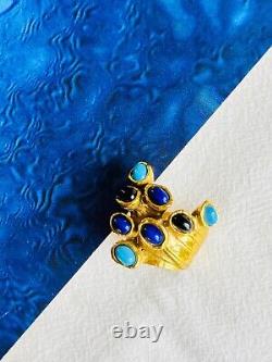Yves Saint Laurent YSL Arty Navy Blue Black Dots Enamel Chunky Ring, Size 7 Gold