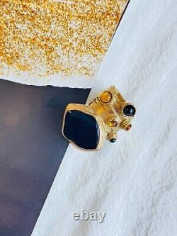 Yves Saint Laurent YSL Cabochon Black Yellow Enamel Chunky Ring, Size 6, Gold