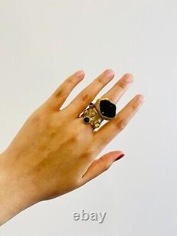 Yves Saint Laurent YSL Cabochon Black Yellow Enamel Chunky Ring, Size 6, Gold