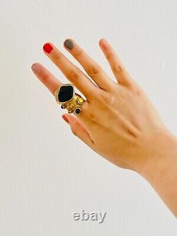 Yves Saint Laurent YSL Cabochon Black Yellow Enamel Chunky Ring, Size 7, Gold