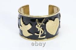 Yves Saint Laurent YSL Gold Plated Black Enamel Logo Heart Star Cuff Bracelet