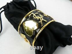 Yves Saint Laurent YSL Gold Plated Black Enamel Logo Heart bangle