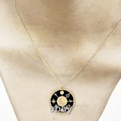 Zodiac Signs Black Enamel Diamond Charm Pendant Necklace Solid 14K Yellow Gold