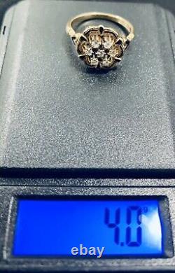 0.20 Ct 14k Yellow Gold Diamond & Black Enamel Flower Ring Taille 7