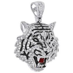 10k Blanc Or 3d Tiger Face Rond Diamant Pendentif 1.70 Hommes Charme 1.58 Ct