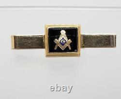 10k Or Jaune Noir Onyx Bleu Enamel Masonic Money Tie Clip 1,75 Pouce