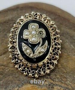 14k Gold Filigre Oval Flower Pearl Black Enamel Cameo Pendentif Brooch Pin Lire