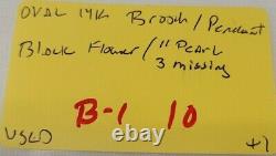 14k Gold Filigre Oval Flower Pearl Black Enamel Cameo Pendentif Brooch Pin Lire