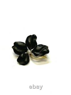 14k Jaune Or Fleur D'émanel Noir Avec Perle Centre Broche Épingle 24mmx16mm