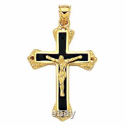 14k Or Jaune Et Noir Émail Crucifix Croix Hommes Pendentif 25 X 40 MM