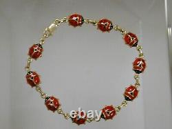 14k Or Jaune Italie Rouge Et Noir Enamel Ladybug Chaîne Lien Bracelet 7 6.4gr