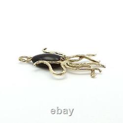 14k Or Naturel Noir Corail 3d Octopus Émail Yeux Pendentif De Charme