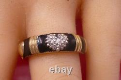 14k Solid Gold Heart Pave Set Diamonds Black Enamel Ladies Band Ring Vintage