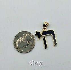 14k Solid Yellow Gold Jewish Chai For Pendentif Black Enamel 30mm X 23mm 3.8 Grammes