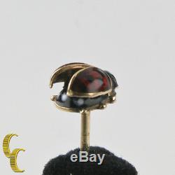 14k Vintage Or Jaune Lady Bug Broche Noire Et Rouge Émail Allemagne