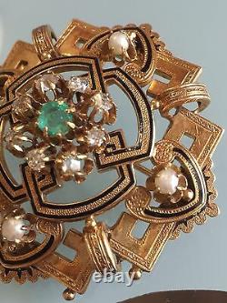 19th Century 18k Or Jaune Et Perles De Diamant Brooch Avec Émail Noir