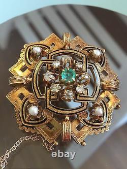 19th Century 18k Or Jaune Et Perles De Diamant Brooch Avec Émail Noir