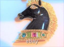 80's Bijoux Cascio Couture Black Enamel Gold Carousel Horse Figural Pin Broche