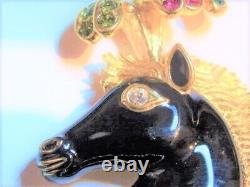 80's Bijoux Cascio Couture Black Enamel Gold Carousel Horse Figural Pin Broche